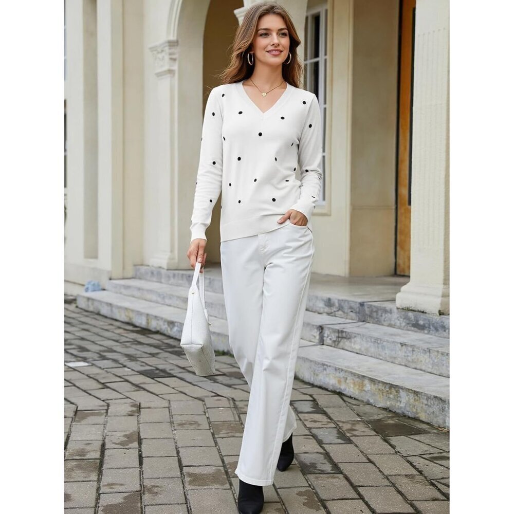 Women Sweaters Polka Dot V-Neck Long Sleeve Lightweight Knit Casual - Picture 6 of 6